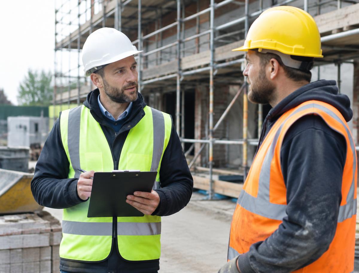 Assessor reviewing work with a tradesperson on site