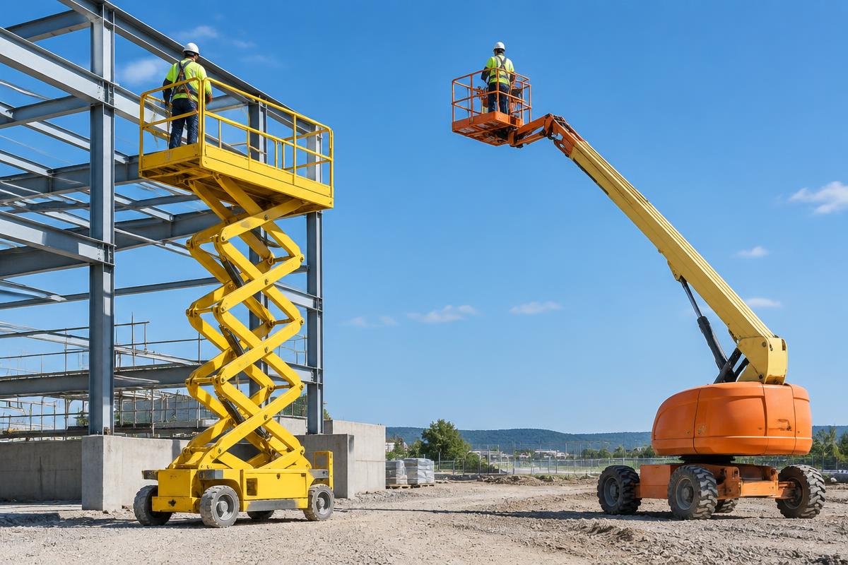 Scissor lift and boom lift in use on a construction site